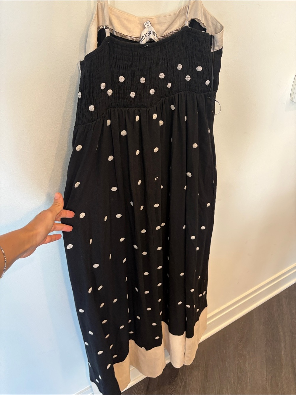 Maude Club linen Black Polka Dot Maxi Dress with Cream Trim Medium - Picture 7 of 8